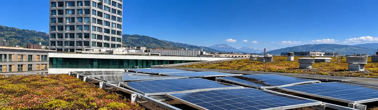 Photovoltaik-Anlage auf einem begrünten Flachdach in Zürich