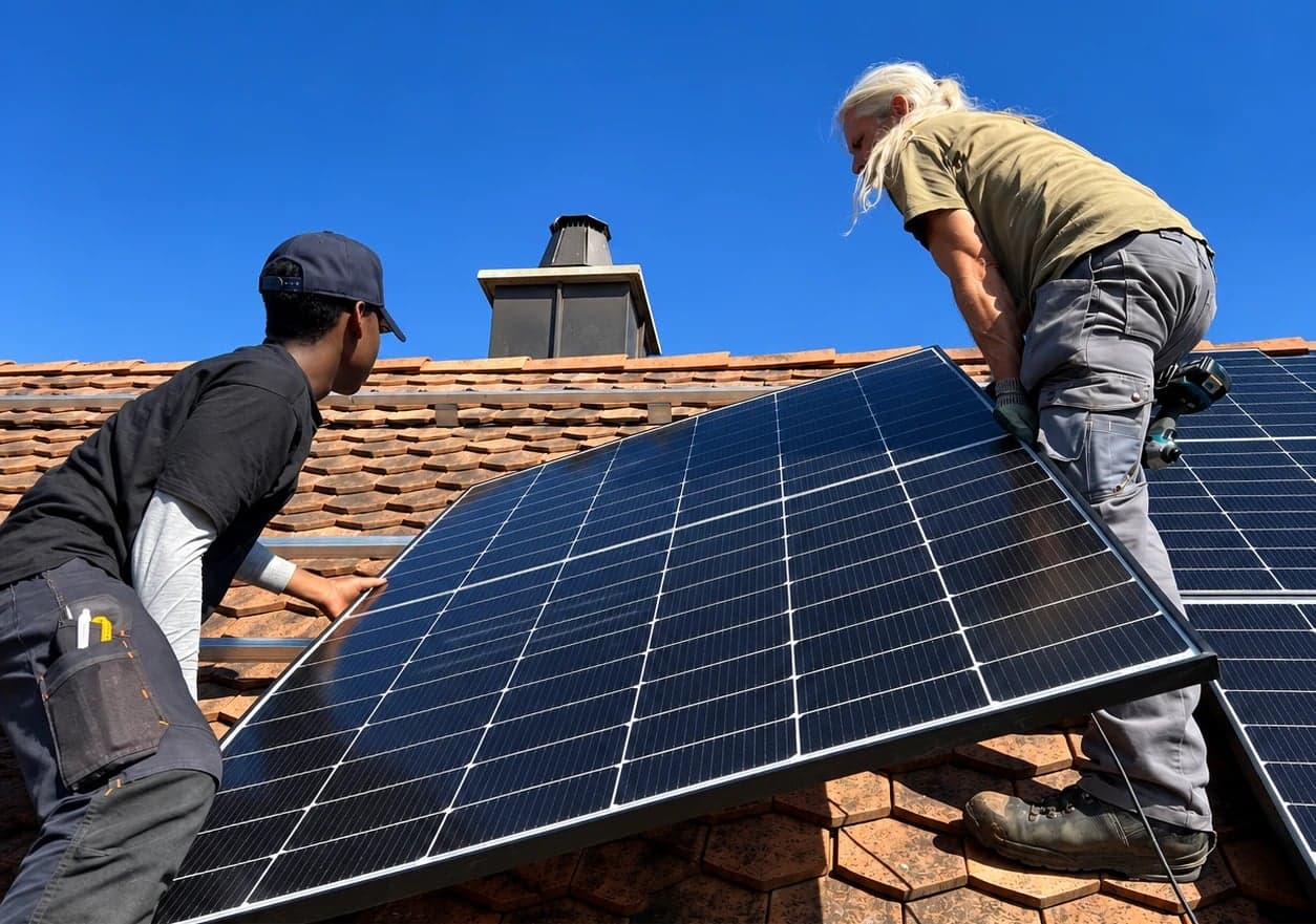 Zwei Monteure setzen ein Solarmodul auf ein Ziegeldach